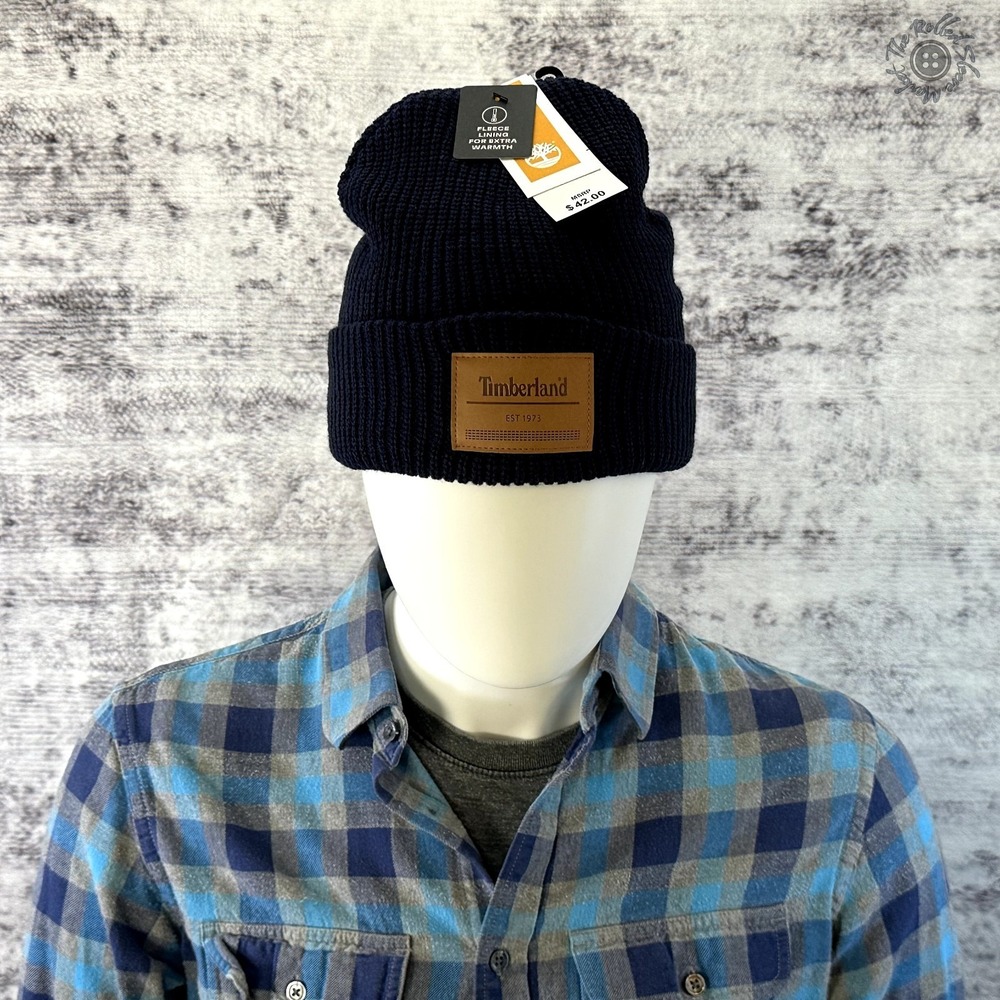 NWT Timberland Beanie Navy Fleece Lined Leather Patch Est 1973 MSRP $42 One Size